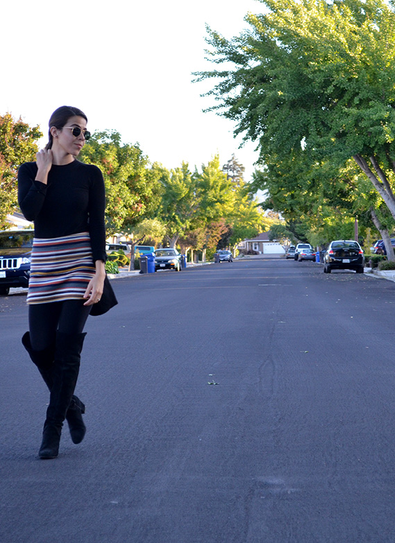 How to wear over the knee boots, black boots, shorts for fall, black cont, fall style, fall look, silicon valley style, silicon valley personal stylist, shopper, personal shopper, all black look, zara boots, coat