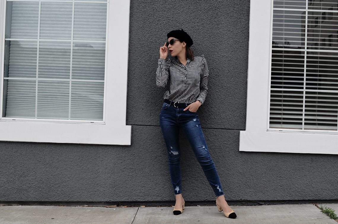 KarlaVargas-MyStylosophy-Gingham-BlackBeret-SanDiegoStyleBlogger-MyStyle-Howto-FrenchStyle-HowTo-Jeans-SanDiegoStreets