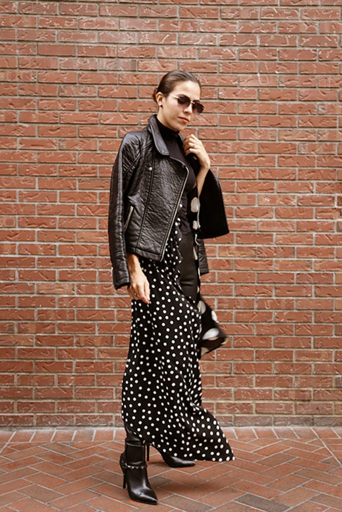 Polka dot dress sale with leather jacket