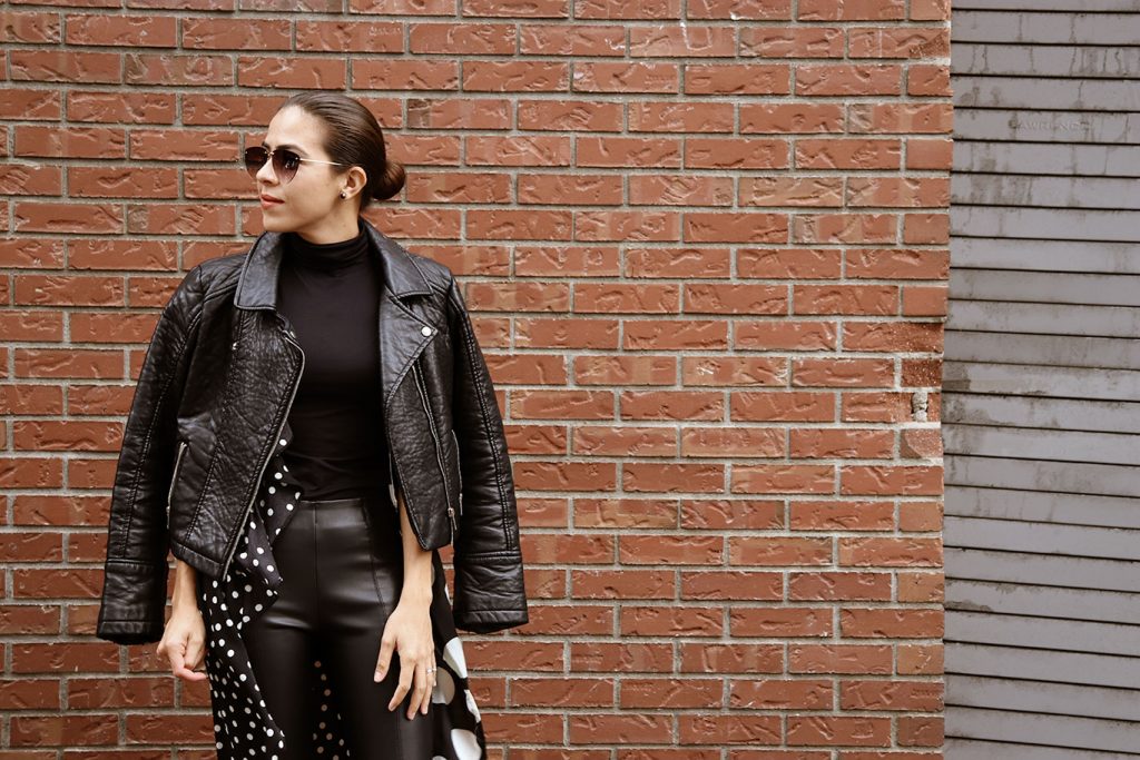 Polka dot dress with hotsell leather jacket