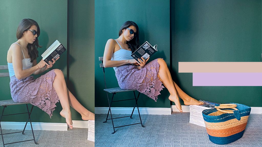 woman reading a book wearing purple crochet skirt and white swimsuit